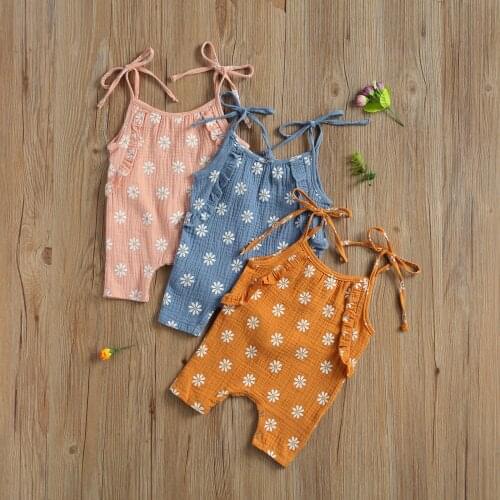 2021 New Newborn Baby Girls Daisy Print Romper Jumpsuit Sleeveless Lace-Up Sling Jumpsuit for Kids Infant Girls