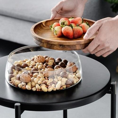 Creative Glass Nuts and Dry Fruits Storage Box Container Double Layer Candy Storage Box With Wooden Lid For Home Kitchen Supply