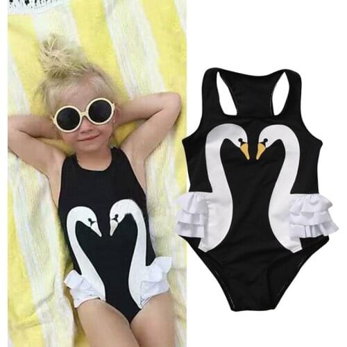 Cute Toddler Swan Print Swimwear Boys One-Piece Swimsuits For Girls Swimming Suits Black White Rompers Baby Kids Swimming Suit