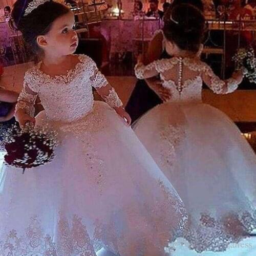 Cute Baby Girl Long Sleeves Lace Princess White Flower Girl Dress Girls First Communication Dress Birthday Dress