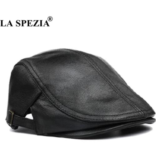 LA SPEZIA Men Flat Cap Real Leather Black Male Beret Hat Cowhide Genuine Leather Mens Duckbill Autumn Winter Gatsby Cap