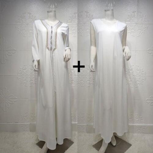 Newest Two Pieces White Muslim dress Djellaba Muslim Robe Sets abaya syari female Evening Gown abaya Worship Service abayas WY21