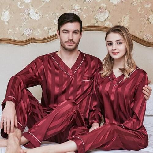 Lovers Casual 2PCS Pajamas Set Nightgown Striped Kimono Bathrobe Gown Satin Shirt&Pants Autumn New Silk Intimate Lingerie