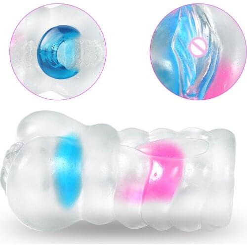 Male Adult Toy Transparent Penis Double Loop Aircraft Cup Realistic Clit Anal Blowjob Deep Throat Masturbator Silicone