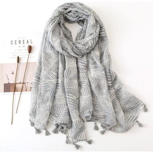 Spring Viscose Lady Hijab Scarf Leaf Printed Tassel Muslim Head Wraps Summer Women Shawl 180x90cm