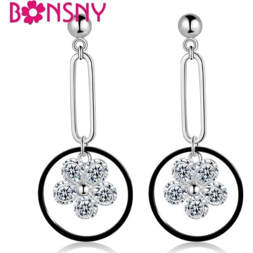 Bonsny Silverstone Flower Round Circle Cubic Zircon Stud Earrings Long Drop Zirconia Jewelry For Women Fashion Silver Accessory