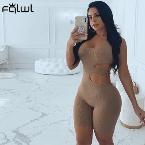 FQLWL Summer Streetwear Bodycon Brown Sleeveless Romper Women Hollow Out One Piece Outfit Playsuit Ribbed Skinny Short Jumpsuit