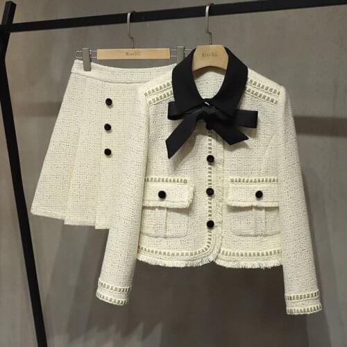 2021Autumn New High Quality Luxury Women Beige Tweed Fringed 2 Two-Piece Set Fashion Bow Jacket Coat + Pleated Skirt Party Suit