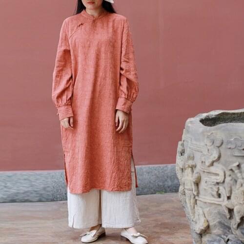 Johnature Women Vintage Long Sleeve Dress Stand Solid Color Jacquard Robes 2021 Autumn Cotton Linen Chinese Style Female Dresses