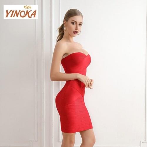 Yinoka bandage material dress red off shoulder latered bodycon bandage dress slip strapless elegant sex midi night clubwear