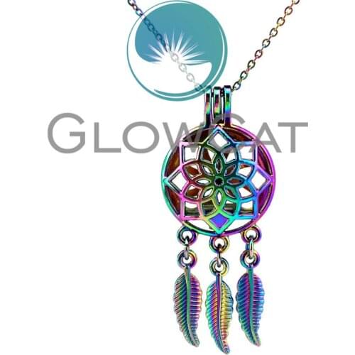 CC708 Colorful Lotus Dreamcatcher Beads Cage Pendant Aromatherapy Essential Oil Diffuser Pearl Cage Locket Necklace