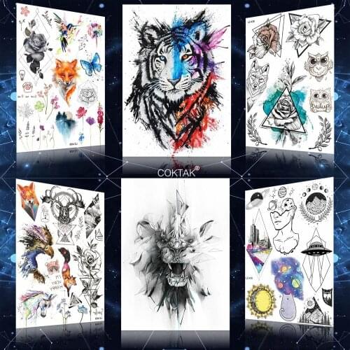 COKTAK Watercolor Fake Stone Tiger Lion Men Sexy Arm Women Tattoos Stickers Body Art Drawing Temporary Tattoos Chest Black Tatoo