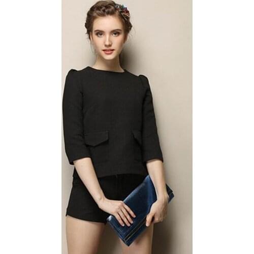 European Style Good Quality Fashion Office Lady Career Clothing Set Womens Brand Designer Black Top+Shorts pants Suit OM044