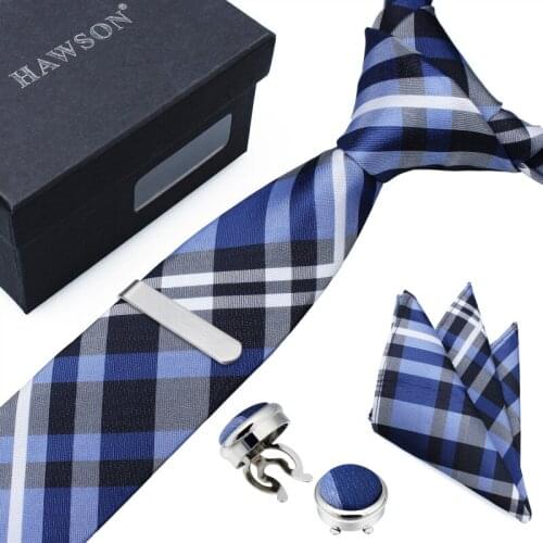 HAWSON Multi-color Necktie Set with Tie Clip Handkerchief & Button Cover CuffLink in Gift Box for Graduation Birthday Party