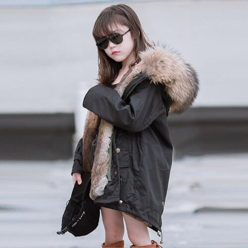 JKP 2021 new girls real rabbit fur coat thick warm children big raccoon Fur collar autumn and winter coat
