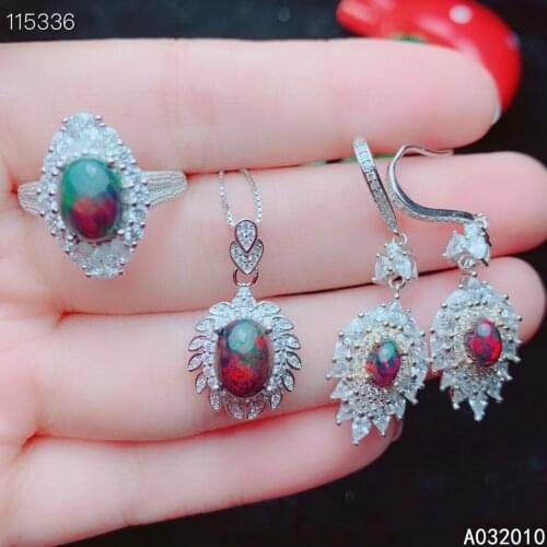 KJJEAXCMY Fine Jewelry 925 sterling silver inlaid natural black opal popular female ring pendant earring set supports test