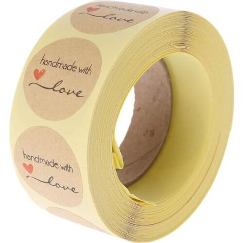 1 roll (500pcs) Round Kraft Natural Handmade With Love Thank you Stickers Seals Scrapbook DIY Craft For Party Wedding