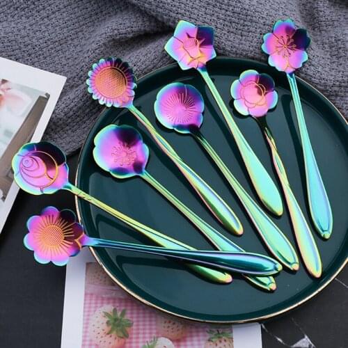 Tea Coffee Mixing Spoon Rainbow Spoon Handle 12.5 cm Small spoon Stainless Steel Vintage Teaspoons Tableware Flowers Design