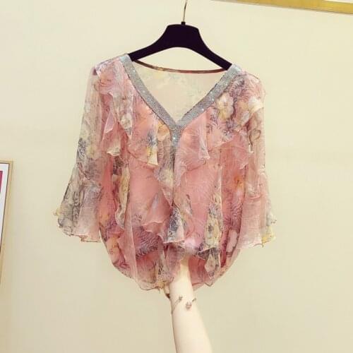 Sweet Ruffles Floral Diamond Women Blouse 2021 Summer New Design Pink V-Neck Loose Lady Elegant Pulls Outwear Tops Top Quality