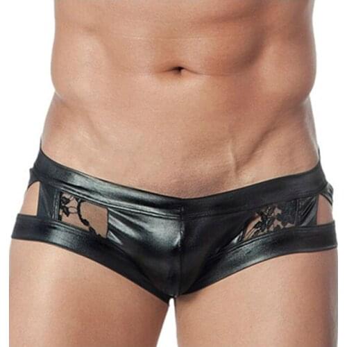 Men Vinyl Underwear Lingerie Sexy Low Waist Lace Patchwork Briefs Underpants Breathable Erotic Fetish Mens Sex Leather Briefs