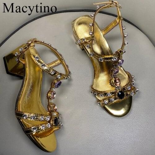 Shoes Women Sandals Rhinestone Sandals Luxury Handmade Sandal Beading Summer Sandals Chunky Low Heels T Strap Gold Wedding Shoes