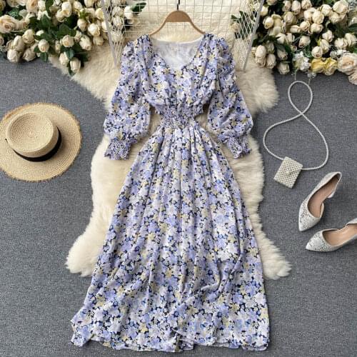 SINGREINY French Floral Dress Women Design Hollow Waist Puff Sleeve V Neck A-line Dresses Spring Bohemian Print Vacation Dress