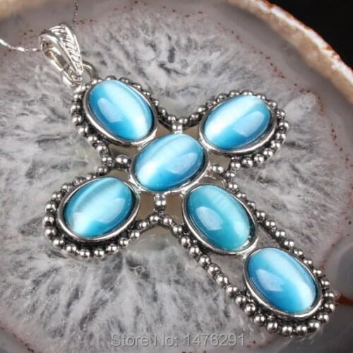 1 PCS 55X70MM Charm Alloy Blue Man-made Cats Eye Beads Cross Pendant 2.9"L
