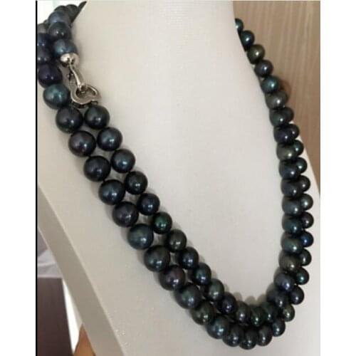 Stunning 9-10mm tahitian round black green multicolor pearl necklace 36inch 50"