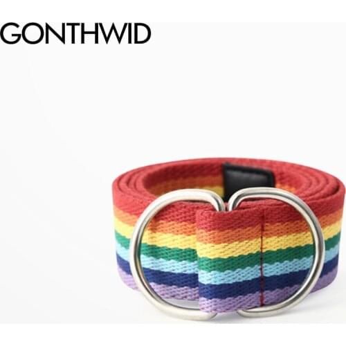 GONTHWID Rainbow Double Ring Buckle Waistband Canvas Belts Men Women Fashion Harajuku Casual Web Belt Streetwear