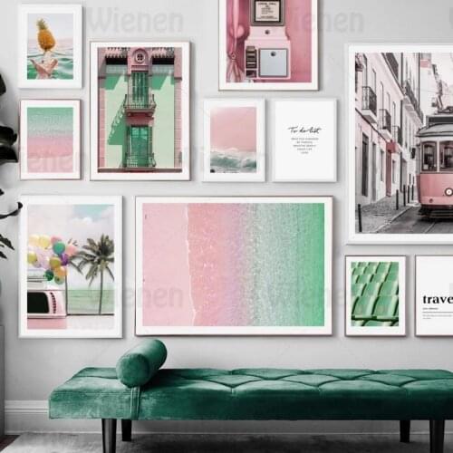 Nordic Retro Poster Pink Beach Sea Waves Tram Balloon Vintage Telephone Canvas Painting Wall Art Pictures Living Room Home Decor
