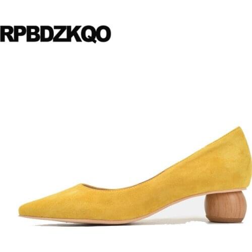 Thick cheap chunky low heels summer shoes pumps casual 2019 pointed toe block suede designer yellow ladies slip on size 4 34 new