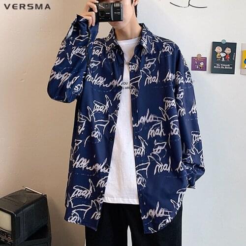 VERSMA Japanese Harajuku Graffiti Print Long Sleeve Shirt Men Women Blouse Autumn Hip Hop Streetwear Vintage Hawaiian Shirts 5XL