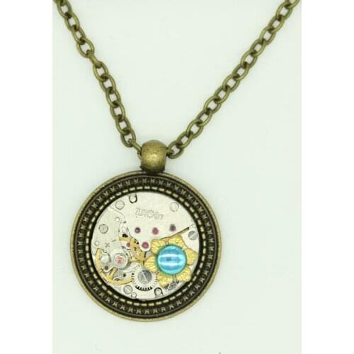 Steampunk Vintage Watch Movement Pendant Necklace Flower Crystal Antique Steam Punk Jewelry