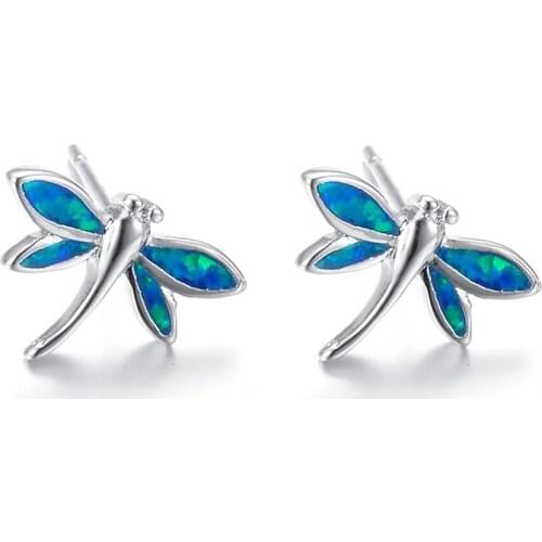 Marcatsa Fashion Dragonfly Earring Female Blue Fire Opal Stud Earrings for Women Girl Animal Jewelry Fashion Insect Accessories