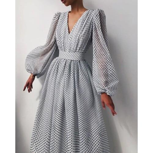 Elegant Dress Polka Dots Temperament Long Dresses V-neck Puff Sleeve Lantern Sleeve Dress Ladies Autumn Fashion