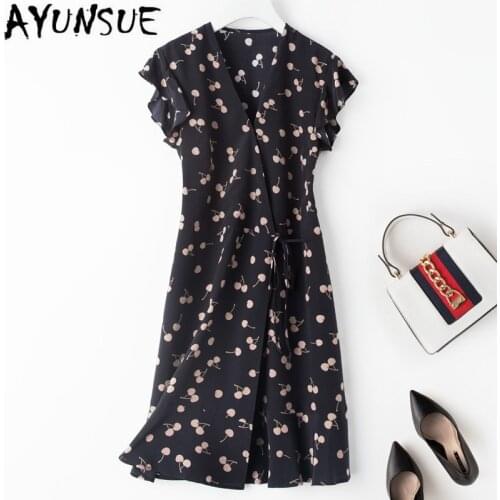 Real Silk Dress Women Summer Dress Korean Fashion Print Midi Dress Elegant Vintage Party Dress Vestido Mujer OSS-1905-18 YY2653