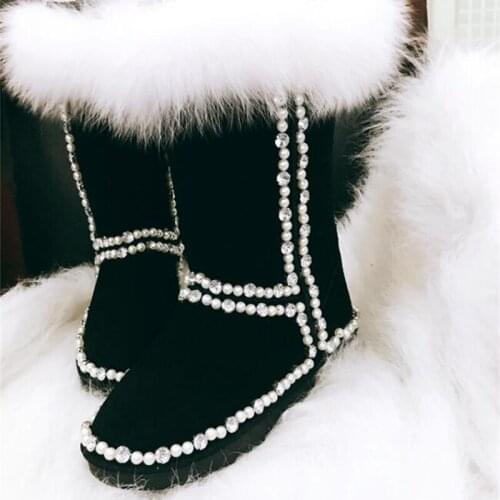 Fox fur snow boots high-tube leather ladies plus size rhinestone fur boots plus velvet thick classic high-top boots