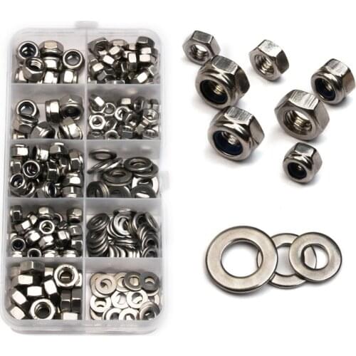 255PCS/Box M4 M5 M6 Hexagon Stainless Steel Lock Nuts Flat Washers Screw Nut Metal Ring Gaskets Plain Washer Assortment Kit
