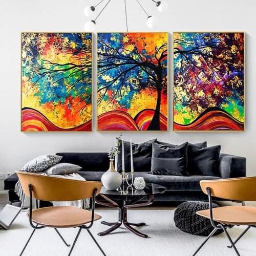 3 Panel Abstract Colorful Tree Oil Canvas Painting Landscape Posters And Prints Wll Art Pictures For Living Room Decor No Frame