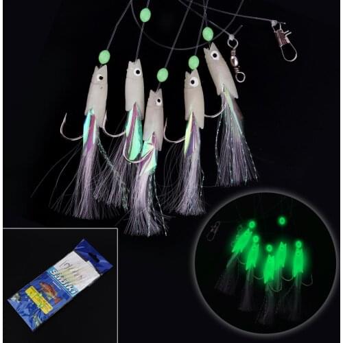 5 In 1 Wonderful Luminous Sabiki Soft Fishing Lure Hook 1/0# 1# 2# 3# 4# Fishing String Hook During Dark Night Fishing Tackle