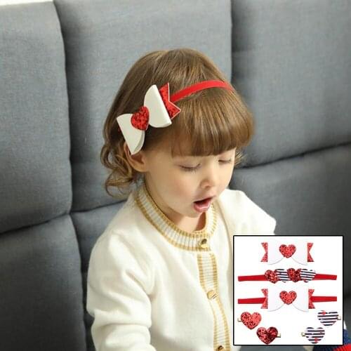 7pieces/set Glitter Heart Hair Bows Stripe America Flag Girls Hair Clips Headband 4th of July Kids Headwear Hair Accessories Set