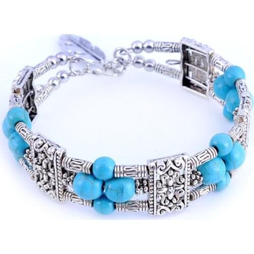 Silver Plated Feather Layer Blue Turquoises Stone Link Chain Bracelet for Anniversary Gift Jewelry