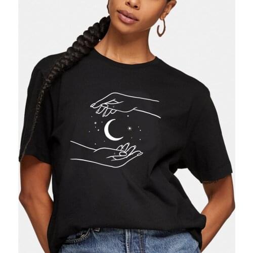 Celestial Moon In Hands T-shirt Aesthetic Spiritual Hippie Soul Nature Tshirt Vintage Women Short Sleeve Magical Witchy Top Tee