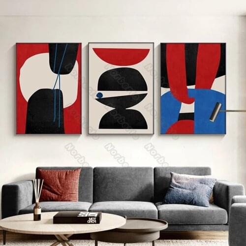 Geometric Abstract Patterns with Red Black Blue and White Colors Nordic Style Canvas Painting Poster for Home Rooms Wall Decora