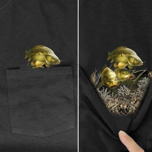 CLOOCL Cotton T-Shirt Summer Pocket Carp Fishing Printed T-shirt Men for Women Shirts Tops Funny Cotton Black Tees Drop Shipping
