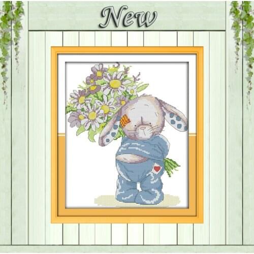 Rabbit present a bouquet home decor paintings counted Print on canvas DMC 11CT 14CT Cross Stitch kits Needlework Sets embroidery