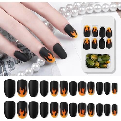 24pcs/Set Fire Nails Matte False Nails Free Adhesive Tapes Nail Art Extra Long Coffin Ballerina Frosted Glue on Fingers Nails