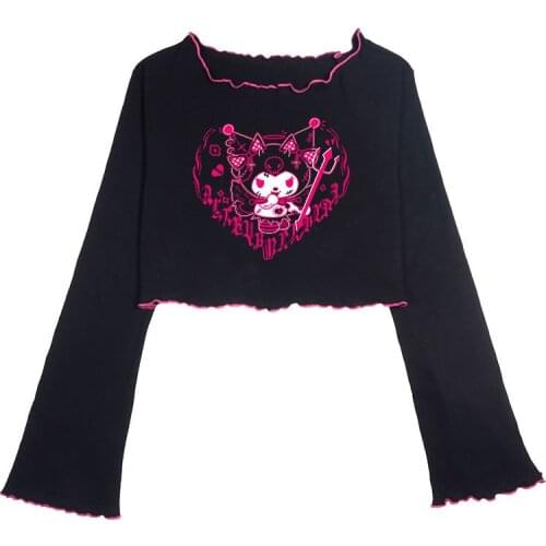 2021 Cute Summer kawaii clothes Korean Cartoon Shirt Kuromies Short Cropped Long-sleeved T-shirt Female Student Top Black
