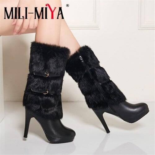 MILI-MIYA Fashion Super High Heels Women Cow Leather Mid-Calf Boots Rabbit Hair Round Toe Zipper Warm Short Plus Winter Shoes