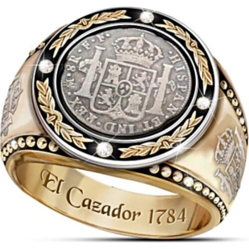 FDLK Classic Retro Male Ring Round Inlaid with 4 Zircon Crown Lion Olive Branch Pattern ring for man
